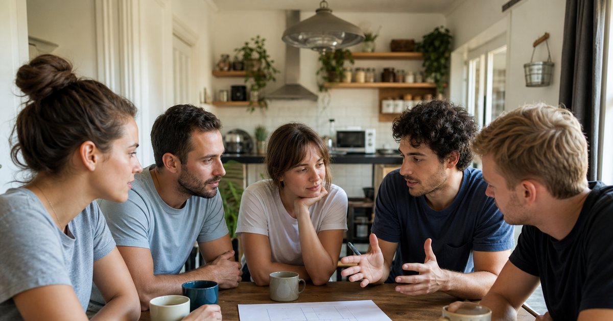 A small group of five people around a kitchen table in a sunny apartment, talking and pointing at a paper sketch, coffee cups on the table, one person explaining with their hands