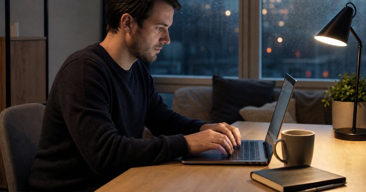 A developer at a desk late in the evening in a small studio apartment, hands on the keyboard, desk lamp on, rain on the window, a mug of tea and a closed notebook beside the laptop
