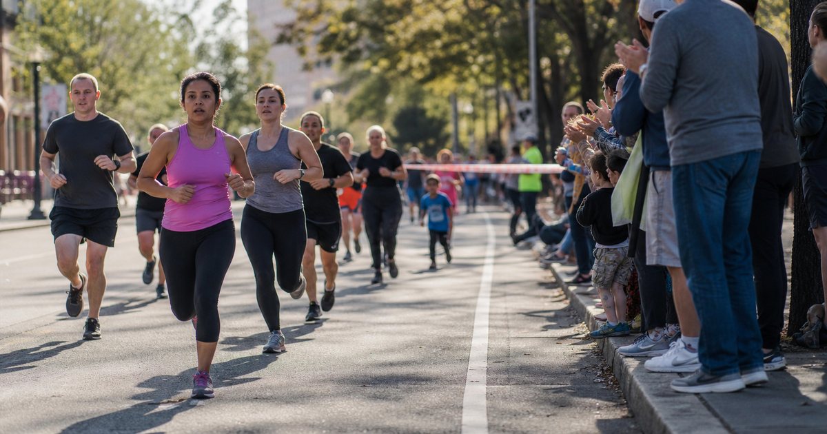 Runners mid-race on a city road during a community fun run, spectators cheering from the sidewalk, race tape stretched across the road ahead, bright afternoon light