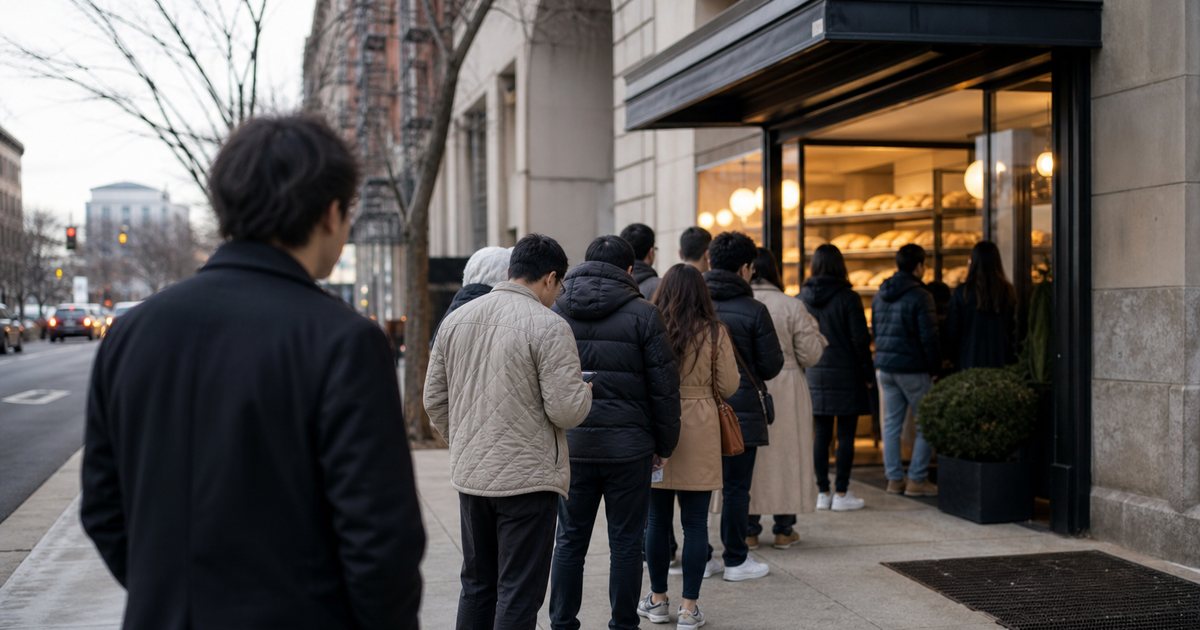 A long line of people waiting outside a small bakery on a city street early in the morning, some checking phones, warm storefront light, a person at the back of the line deciding whether to join