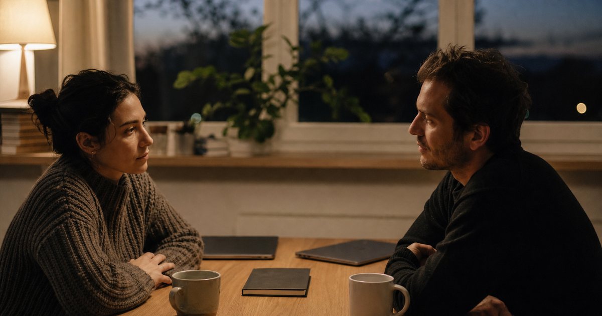 Two people in a small home office at dusk, sitting across a plain wooden table with closed laptops, half-empty coffee mugs and a shut notebook between them, warm lamp light, soft shadows, thoughtful expressions, no text or signage