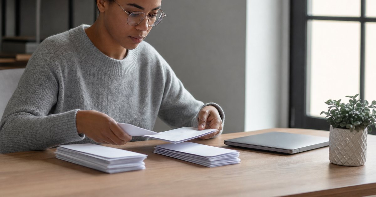 A person at a tidy desk sorting envelopes into two neat stacks, a closed laptop nearby, a small potted plant, soft office lighting from a window