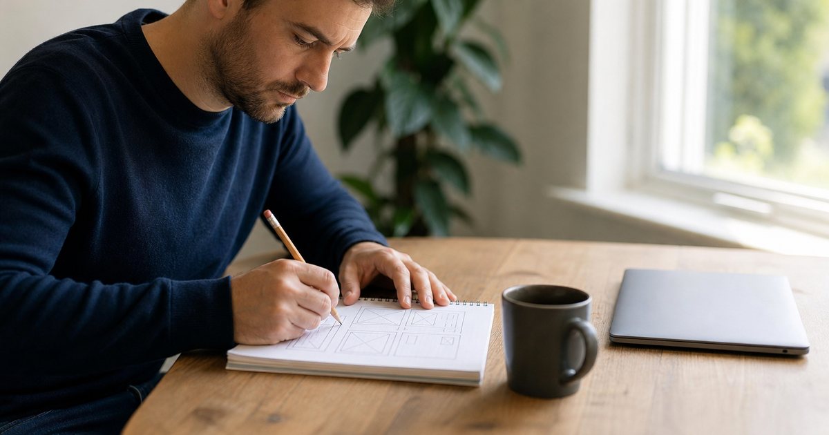 A founder at a wooden desk in a bright home office, sketching a landing page layout with a pencil on a paper notebook, coffee mug and a closed laptop beside it, morning light through a window