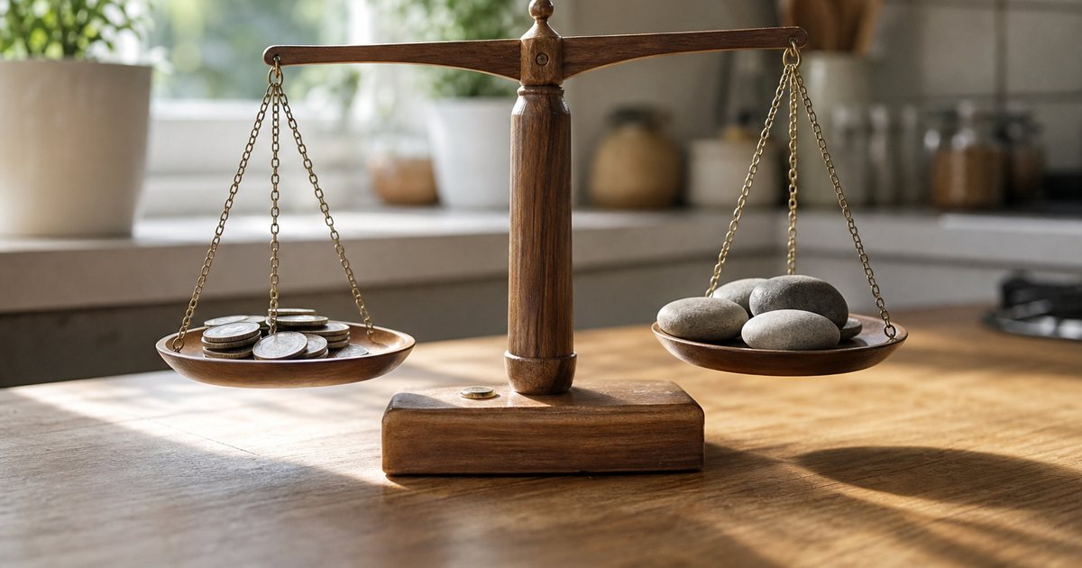 A wooden two-pan balance scale on a sunlit kitchen counter, a small pile of coins resting in one pan and three smooth river stones in the other, soft morning light through a window, shallow depth of field, no text or labels