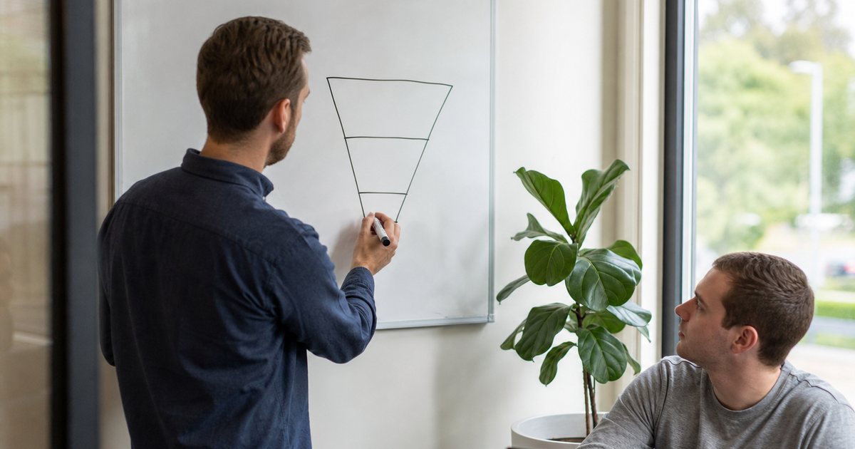 A founder standing at a whiteboard in a small office, drawing a simple funnel shape with a marker, a colleague seated with a laptop looking on, plants and a window in the background